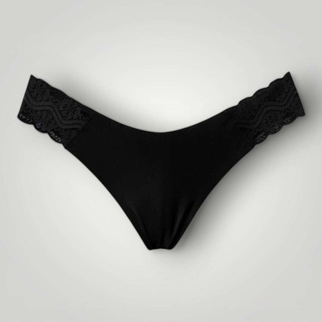 W One Brand Store black seamless thong with lace sides, made of polyamide and elastane blend.