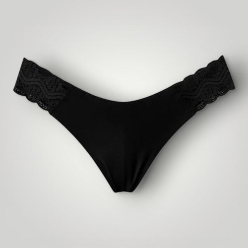 W One Brand Store black seamless thong with lace sides, made of polyamide and elastane blend.