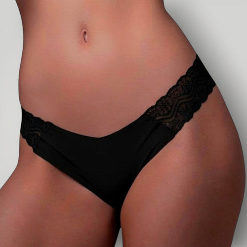 W One Brand Store black seamless thong with lace sides, made of polyamide and elastane for comfort and a delicate look.