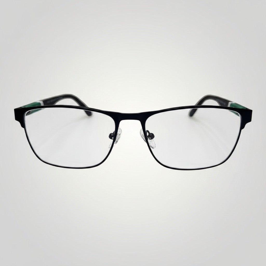 W One Brand Store black metal rectangular glasses with rubberized arms, green accents, and clip-on lenses.