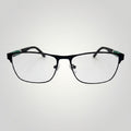 W One Brand Store black metal rectangular glasses with rubberized arms, green accents, and clip-on lenses.