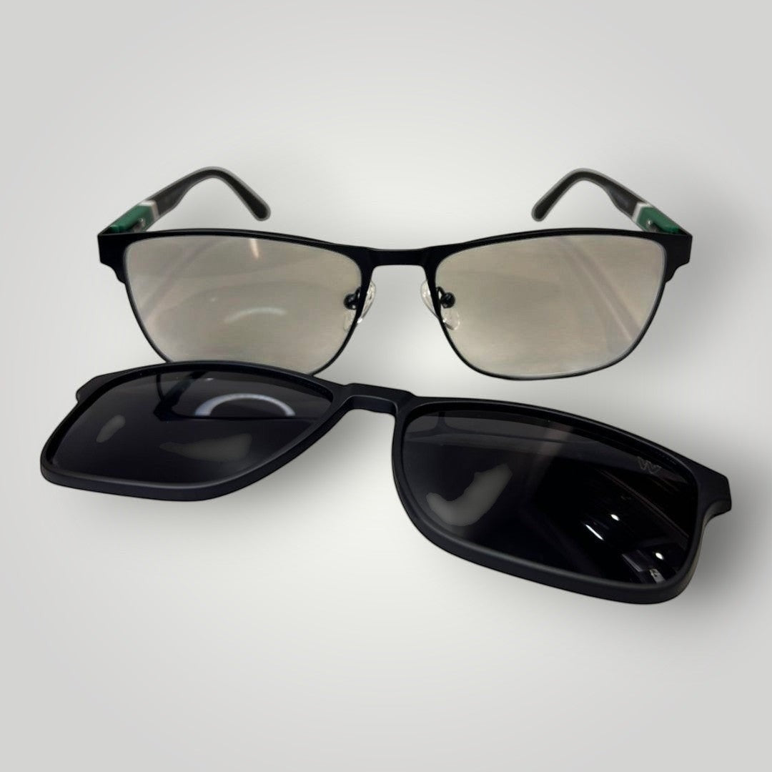 W One Brand Store black metal rectangular glasses with rubberized temples and green detail, includes clip-on sunglasses.