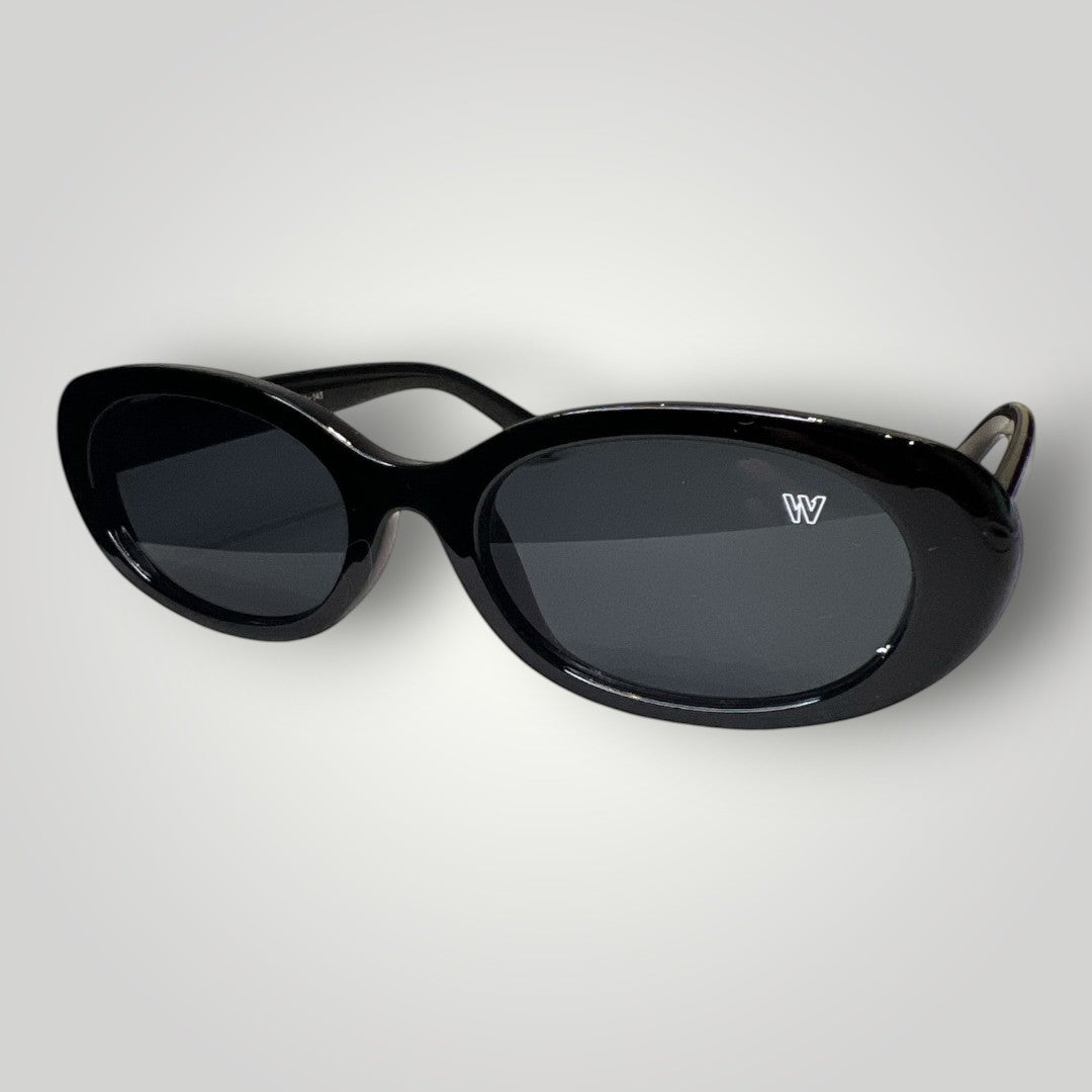 W One Brand Store black acetate oval sunglasses with black lenses and UV400 protection.