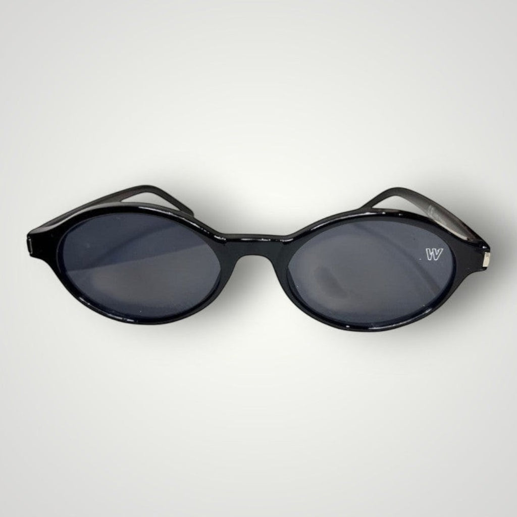 W One Brand Store black acetate oval sunglasses with dark grey lenses and UV400 protection.