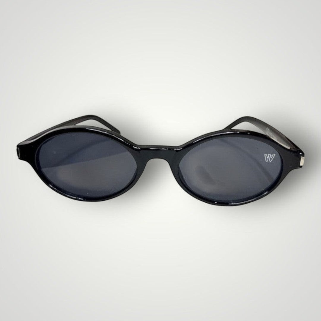 W One Brand Store black acetate oval sunglasses with dark grey lenses and UV400 protection.