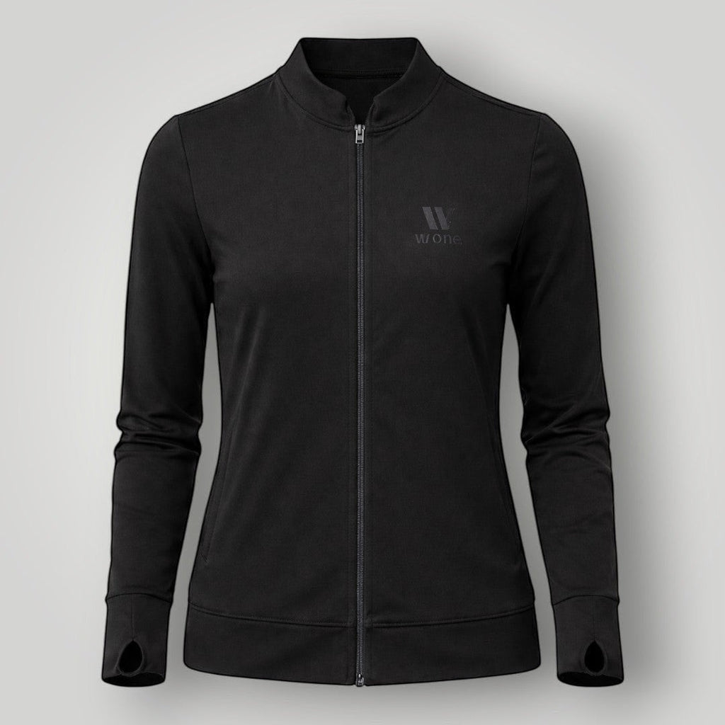 W One Brand Store black polyamide fitness jacket with thumbholes and subtle logo detail.