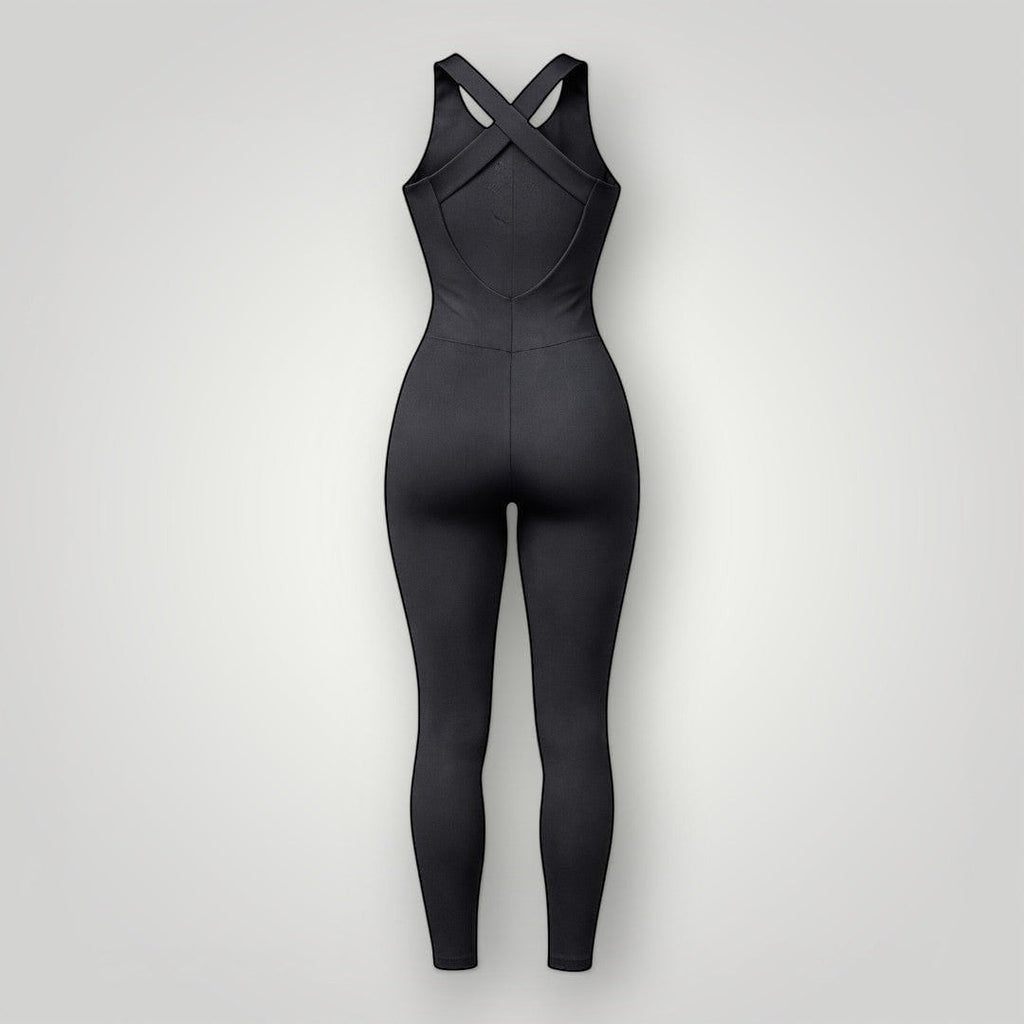 W One Brand Store black polyamide fitness jumpsuit with criss-cross back straps and full-length legs.