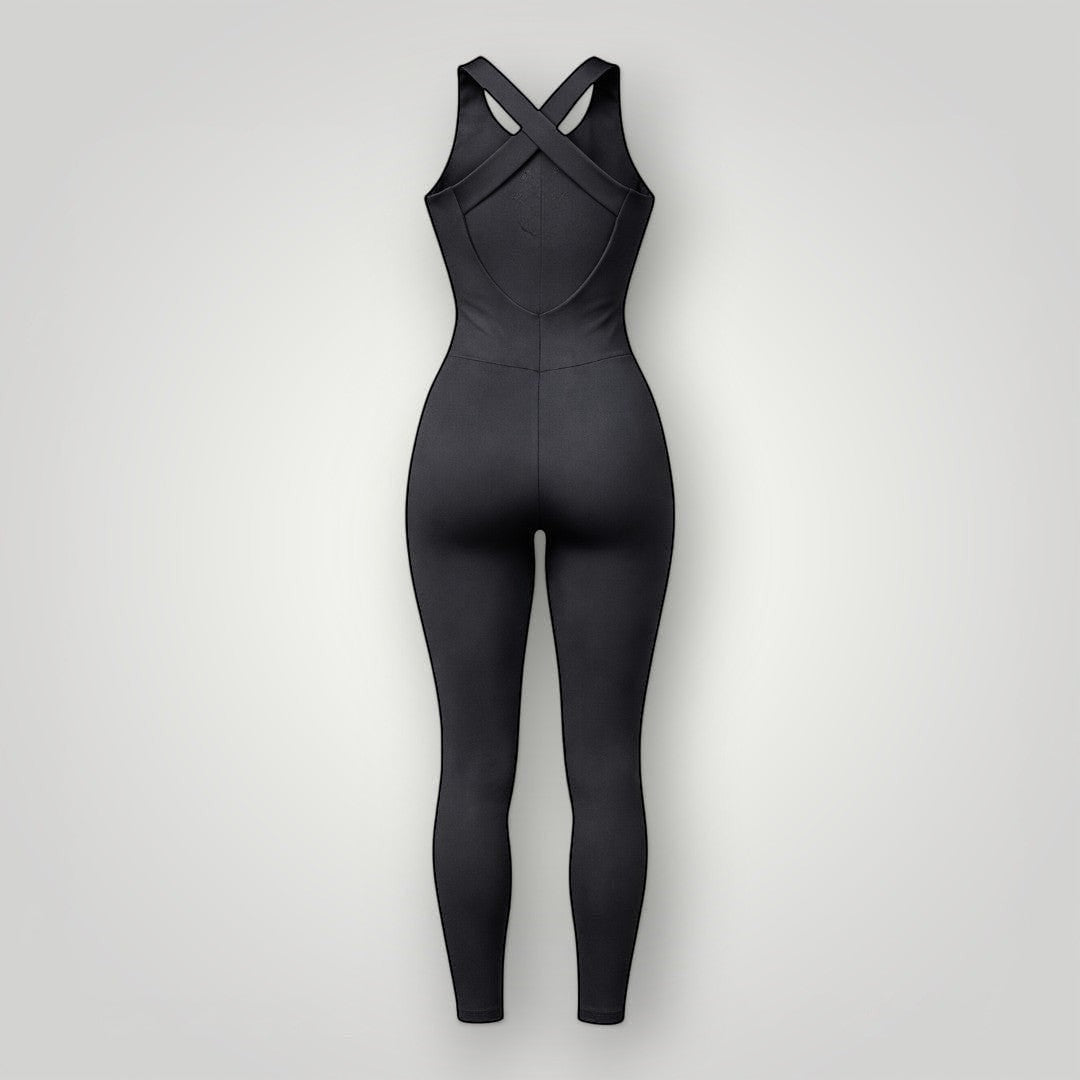 W One Brand Store black polyamide fitness jumpsuit with criss-cross back straps and full-length legs.