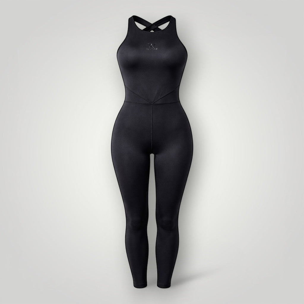 W One Brand Store black polyamide fitness jumpsuit with crossed back straps and a flattering fit, ideal for workouts.