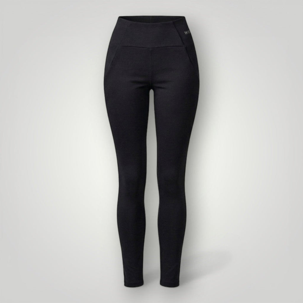 W One Brand Store black polyamide fitness leggings with knife pocket and high waist, ideal for workouts.
