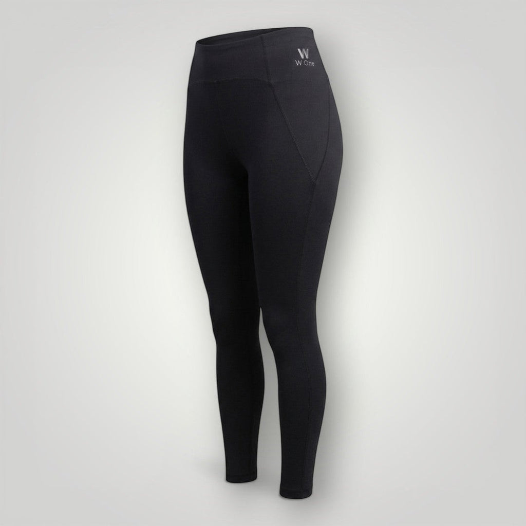 W One Brand Store black polyamide fitness leggings with knife pocket and logo detail. Ideal for workouts and daily wear.