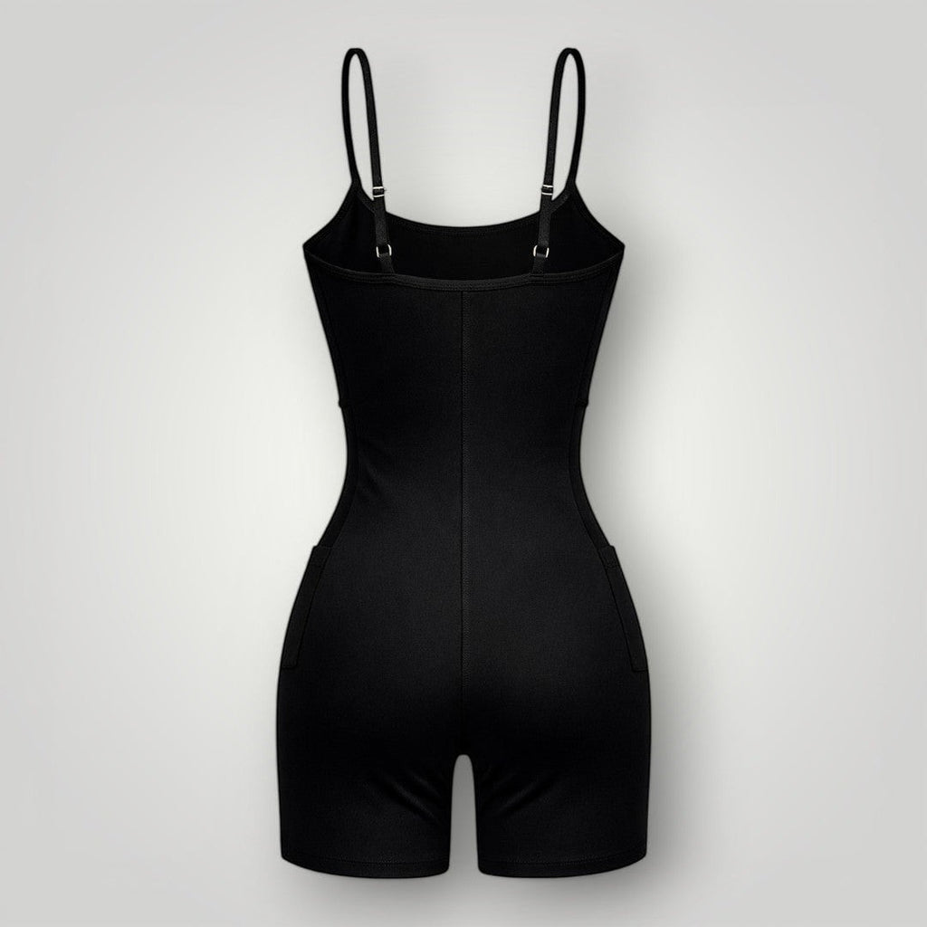 W One Brand Store black polyamide short fitness romper with adjustable straps and side pocket.
