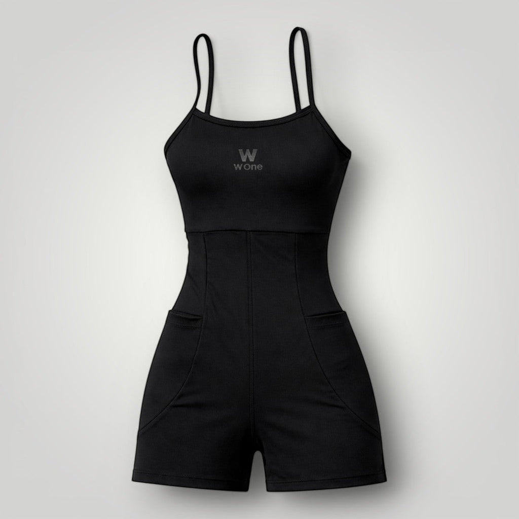 W One Brand Store black polyamide fitness romper with spaghetti straps and side pockets, ideal for workouts.