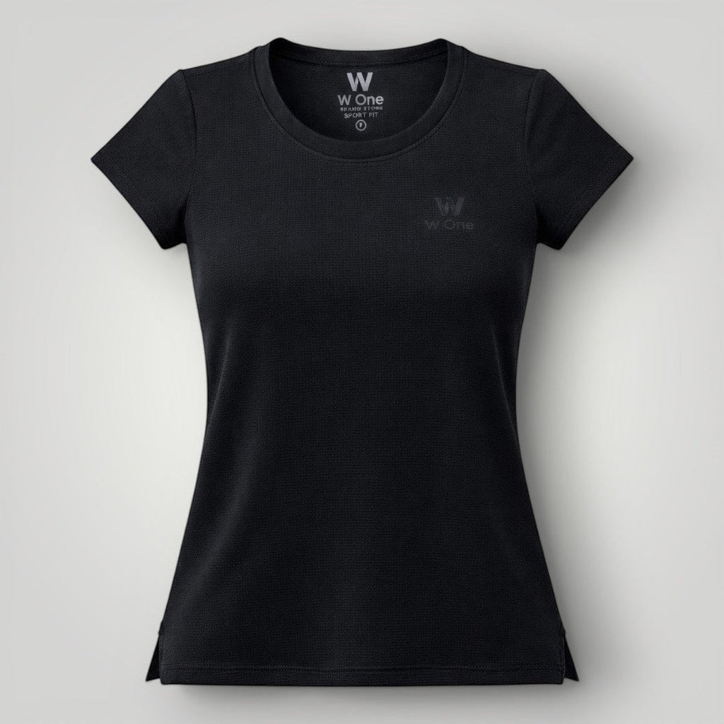 W One Brand Store black polyamide fitness t-shirt with subtle texture and crew neck. Ideal for workouts.