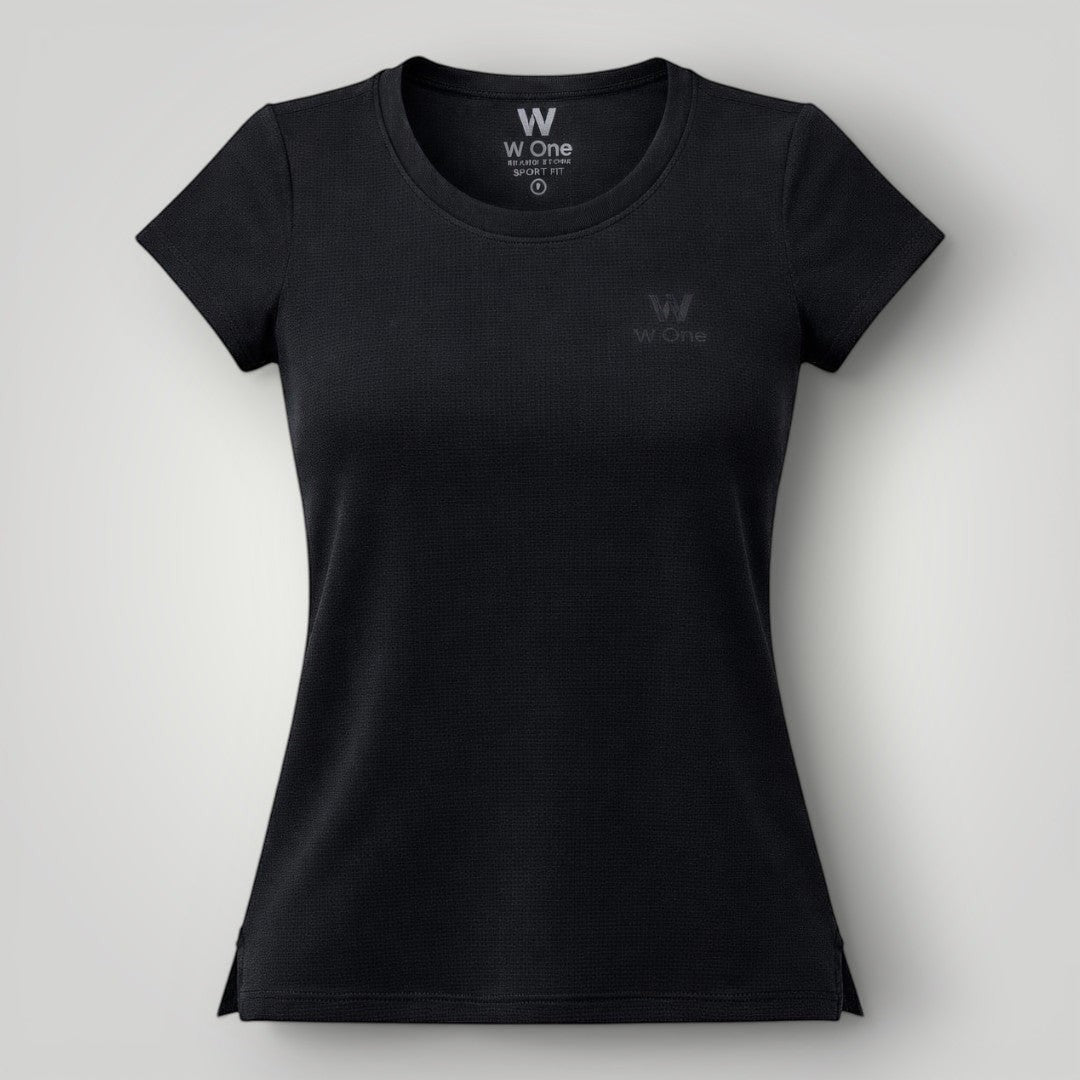 W One Brand Store black polyamide fitness t-shirt with subtle texture and crew neck. Ideal for workouts.