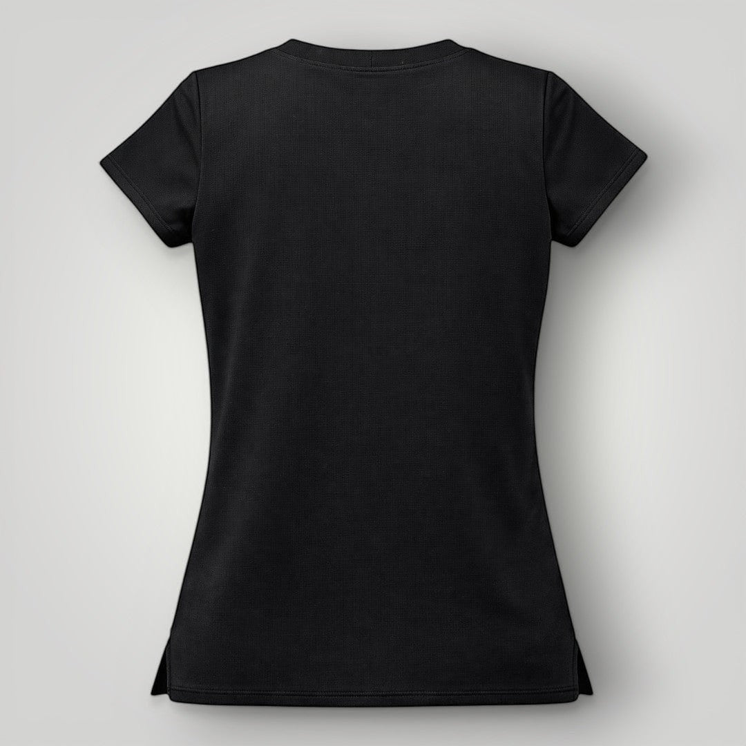 W One Brand Store black polyamide fitness t-shirt for women, lightweight, breathable, with SUN PRO UV protection.