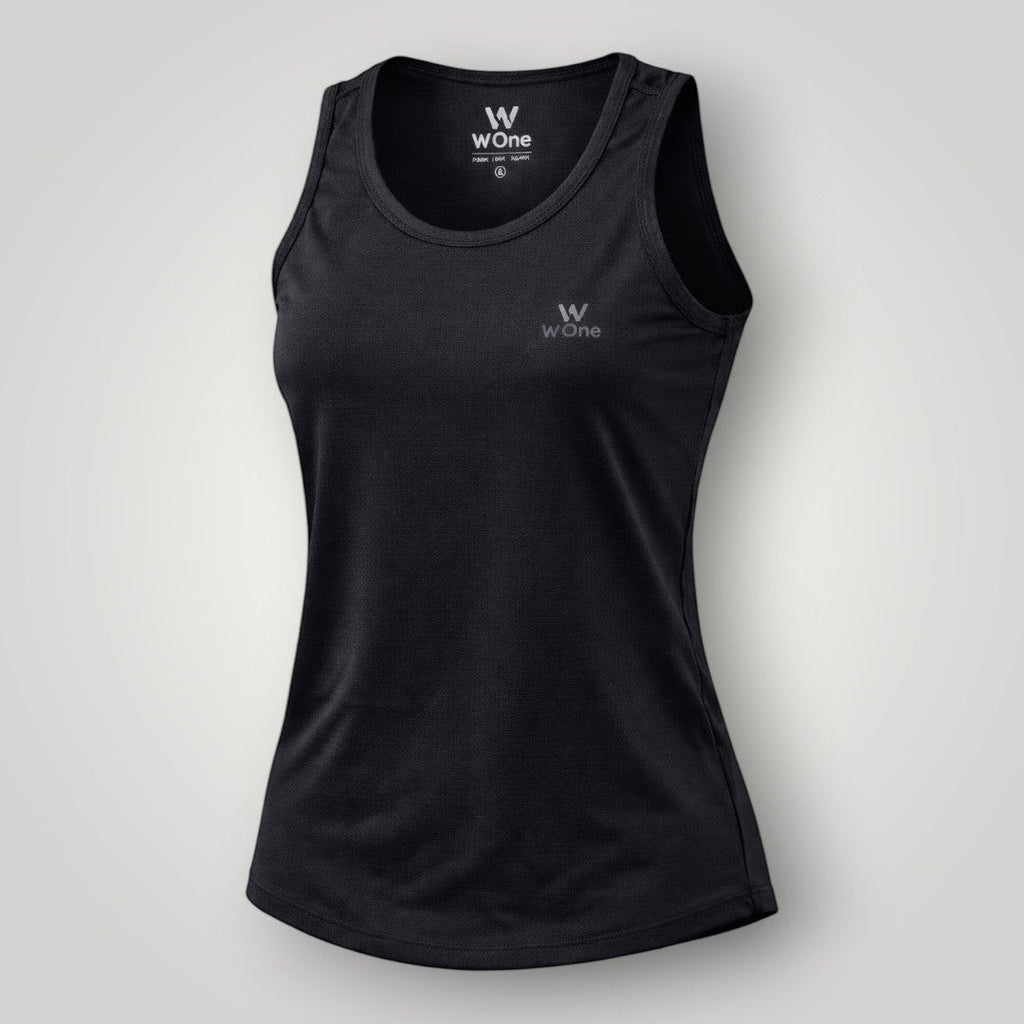 W One Brand Store black polyamide fitness tank top with light touch and sun protection. Breathable fabric for comfort and movement.