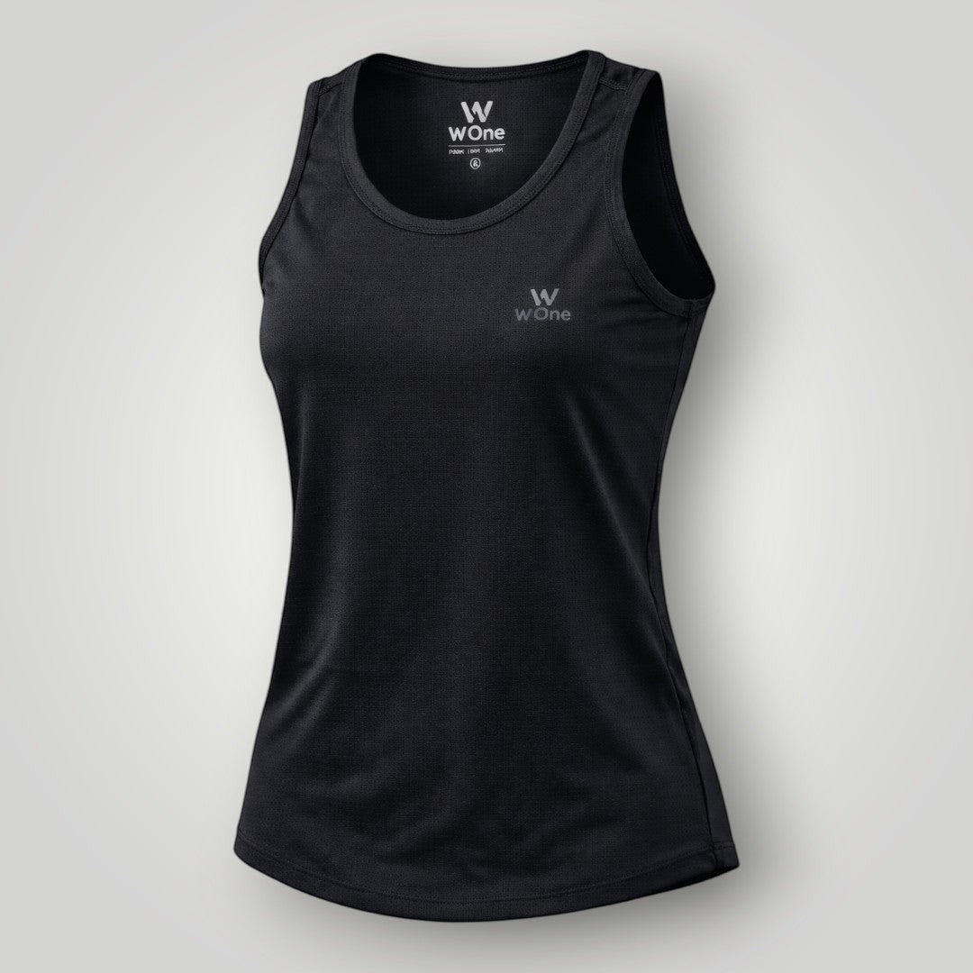 W One Brand Store black polyamide fitness tank top with light touch and sun protection. Breathable fabric for comfort and movement.