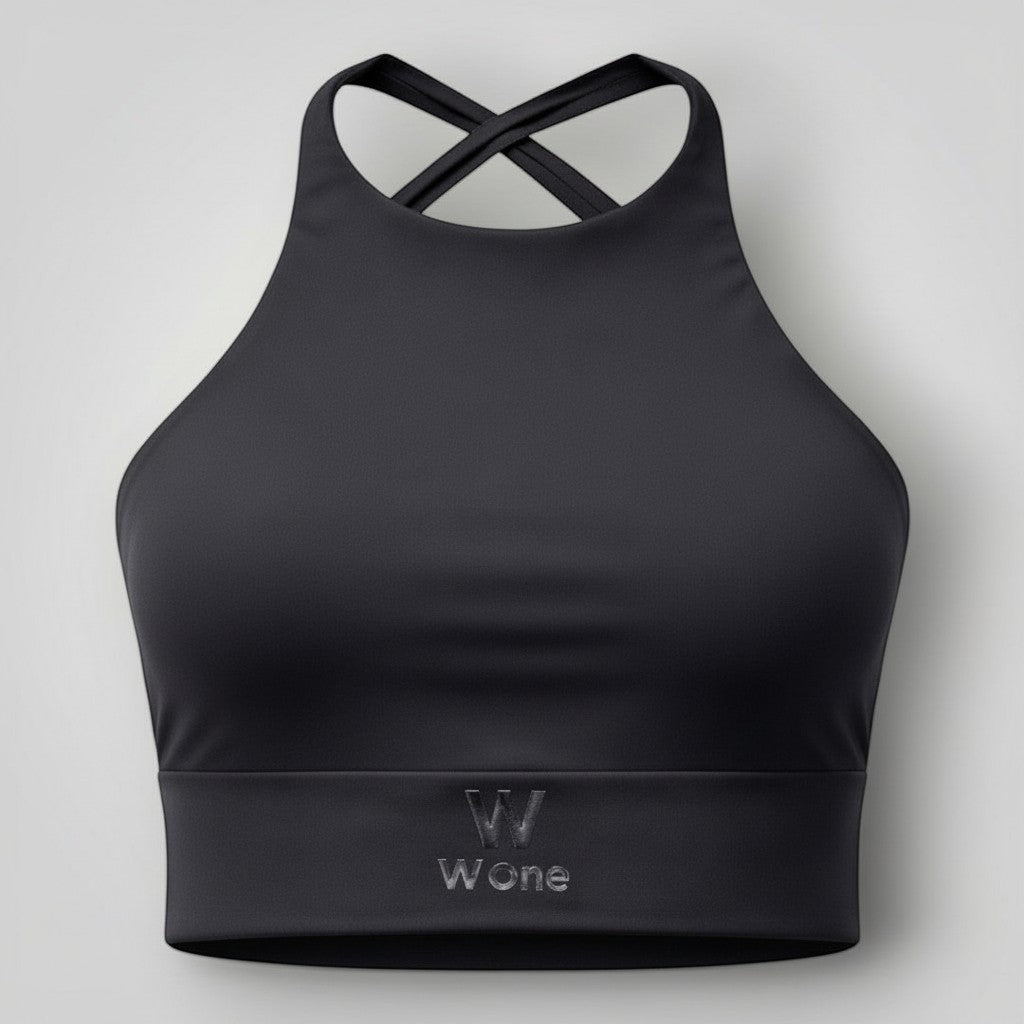 W One Brand Store black polyamide fitness top with criss-cross back straps and supportive band.