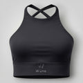 W One Brand Store black polyamide fitness top with criss-cross back straps and supportive band.