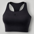 W One Brand Store black polyamide racerback fitness top with subtle embossed logo. Ideal for workouts.