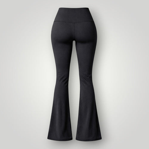 W One Brand Store black polyamide flare fitness pants with wide waistband and flared leg opening.