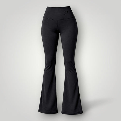 W One Brand Store black polyamide flare fitness pants with wide waistband and subtle logo detail.