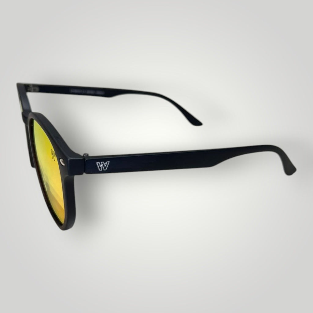 W One Brand Store retro-style black acetate sunglasses with mirrored red lenses and UV400 protection.