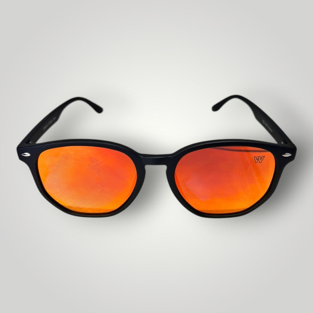 W One Brand Store retro-style black acetate sunglasses with red mirrored lenses and UV400 protection.