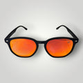 W One Brand Store retro-style black acetate sunglasses with red mirrored lenses and UV400 protection.