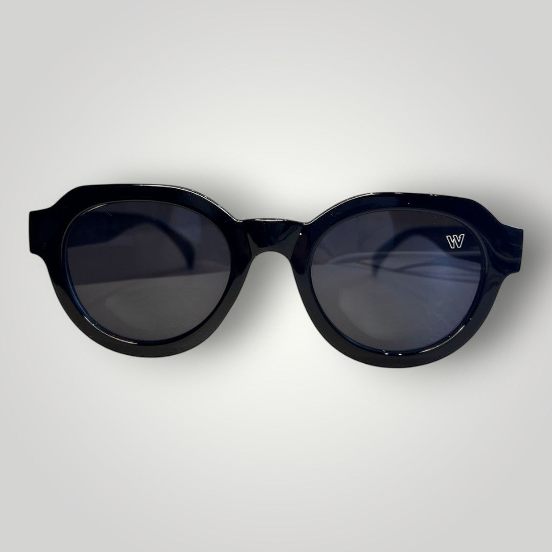 W One Brand Store black acetate round sunglasses with black lenses and subtle 'W' logo detail.