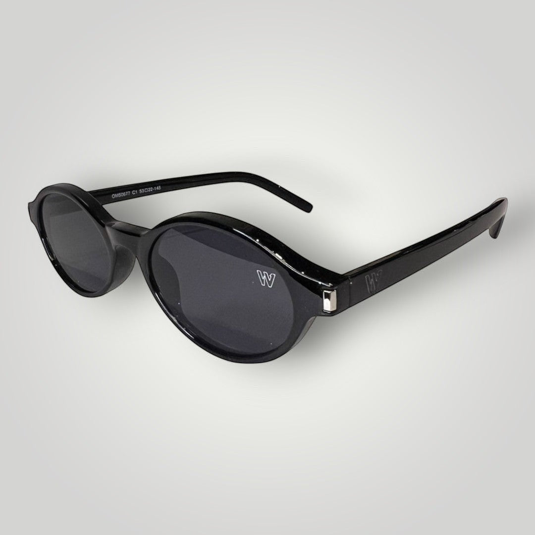 W One Brand Store black acetate round sunglasses with dark grey lenses and UV400 protection.