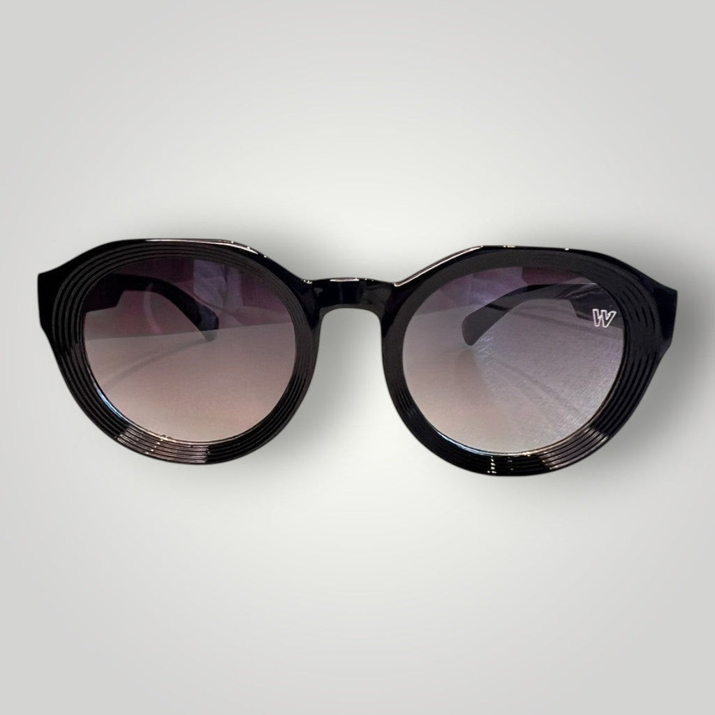 W One Brand Store black acetate round sunglasses with gradient smoke lenses and textured rims.