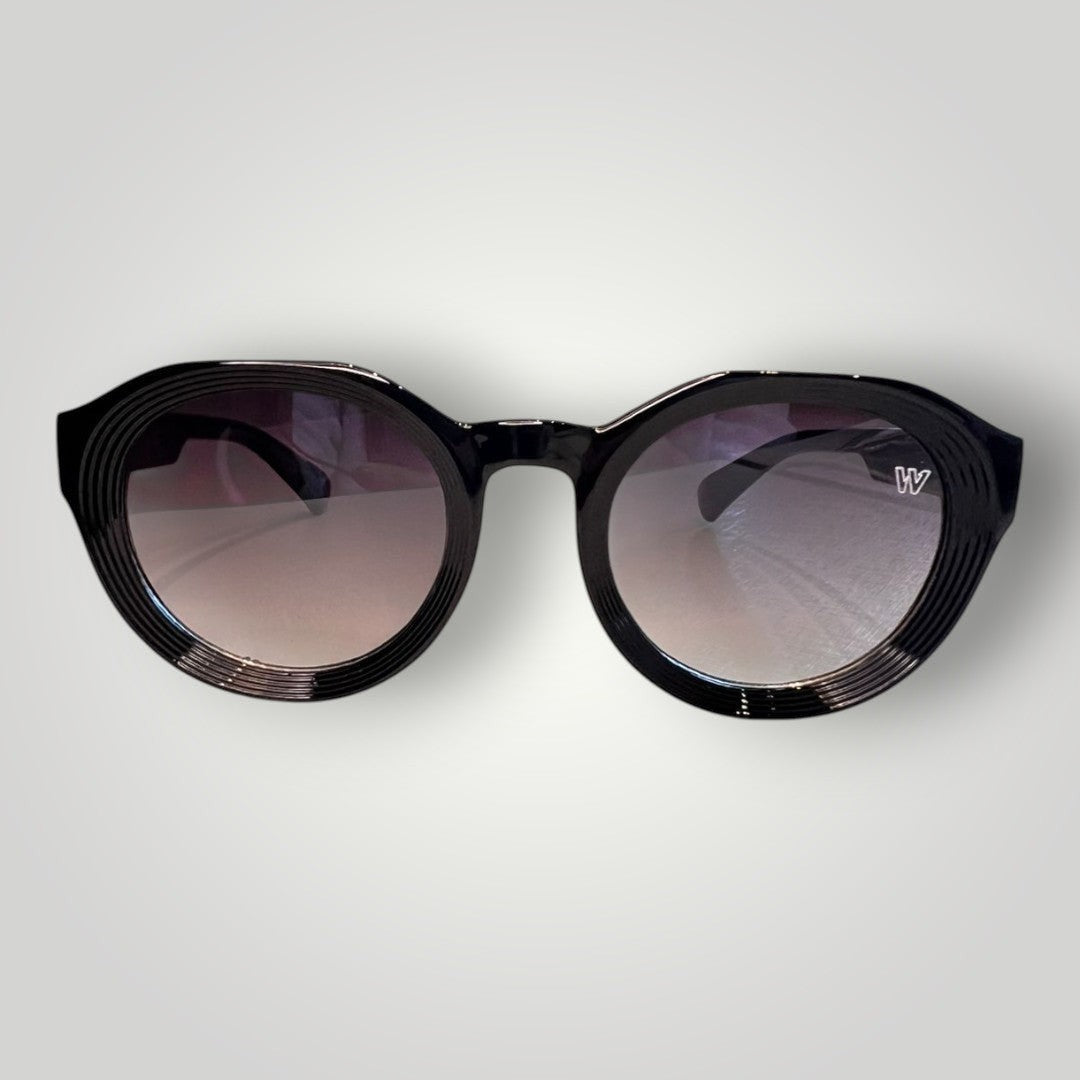 W One Brand Store black acetate round sunglasses with gradient smoke lenses and textured rims.