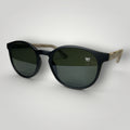 W One Brand Store black acetate retro round sunglasses with green lenses and marbled brown temples, UV400 protection.