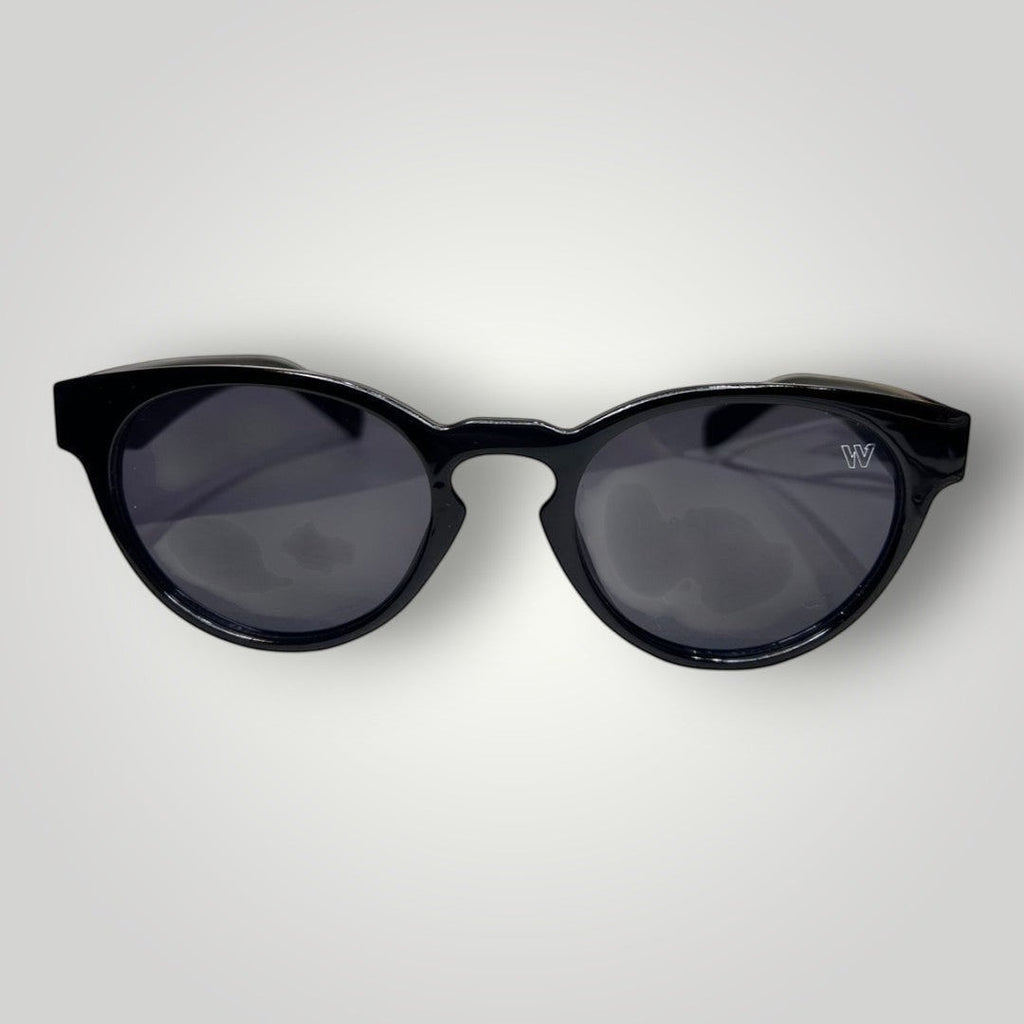 W One Brand Store black acetate retro round sunglasses with black gradient lenses and black temples.