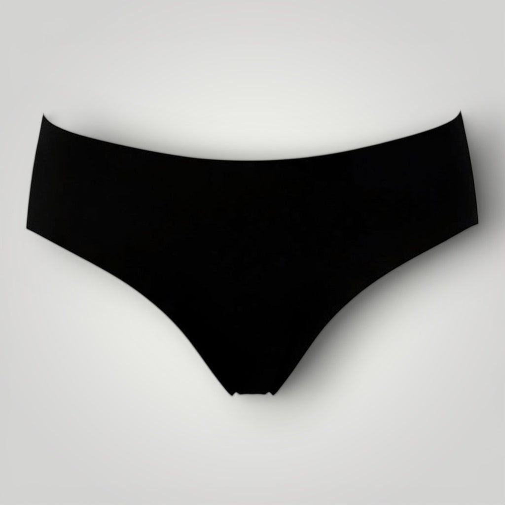 W One Brand Store black seamless tanga underwear with medium waist, made of 79% polyamide and 21% elastane.