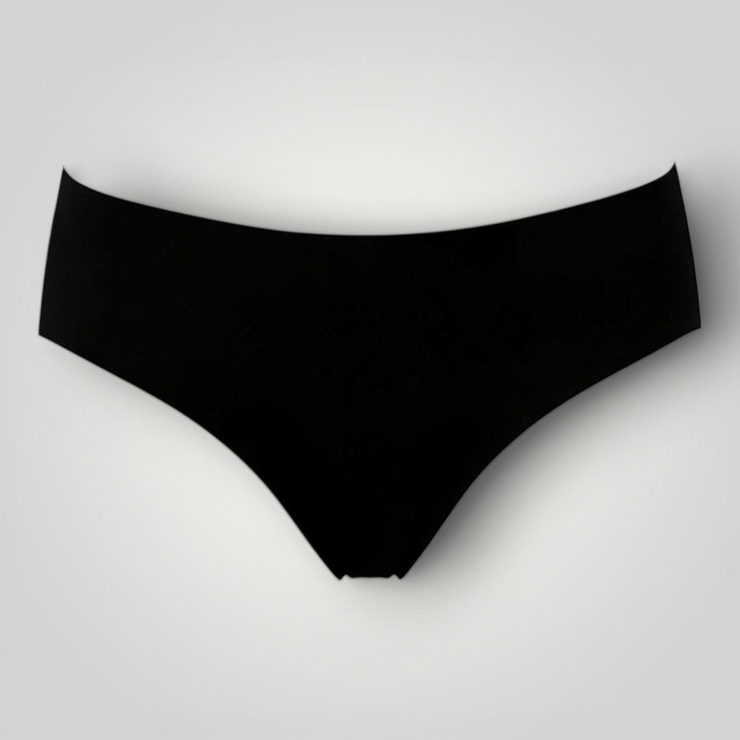 W One Brand Store black seamless tanga underwear with medium waist, made of 79% polyamide and 21% elastane.
