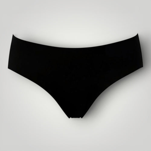 W One Brand Store black seamless tanga underwear with medium waist, made of 79% polyamide and 21% elastane.
