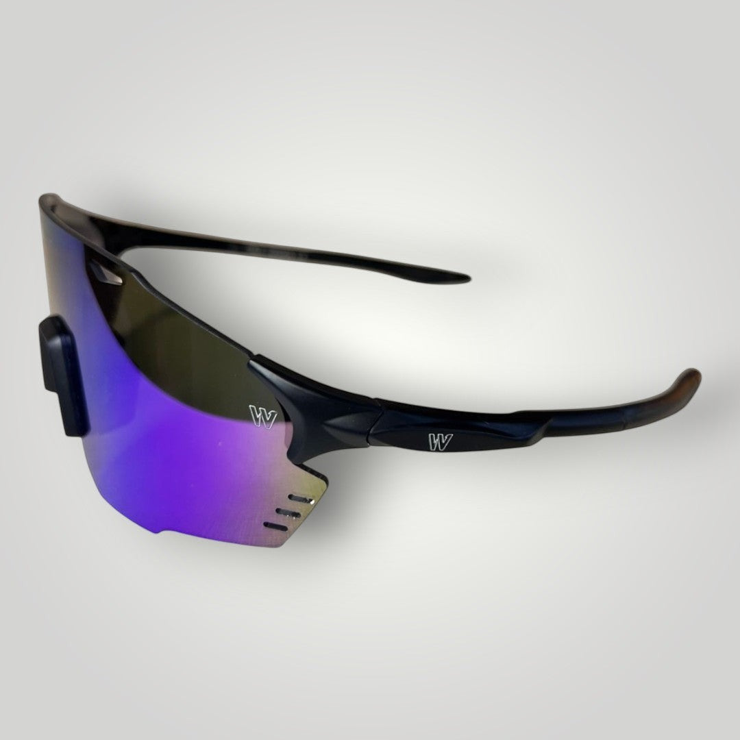 W One Brand Store black injected sports mask sunglasses with mirrored blue-purple lenses and black temples, UV400 protection.