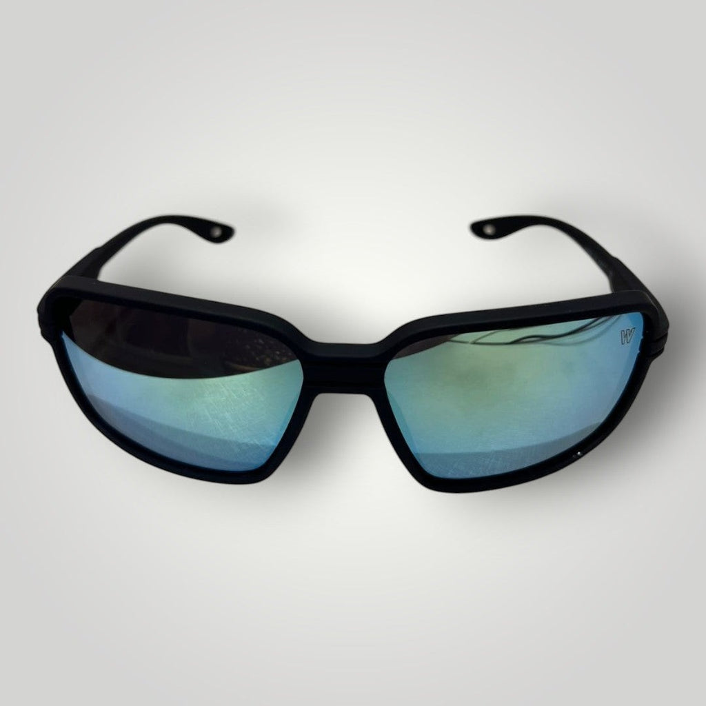 W One Brand Store black injected sports sunglasses with blue mirrored lenses and rubberized temples, UV400 protection.