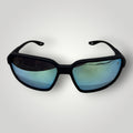 W One Brand Store black injected sports sunglasses with blue mirrored lenses and rubberized temples, UV400 protection.