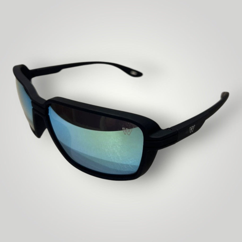 W One Brand Store black injected sports sunglasses with blue mirrored lenses and rubberized arms, UV400 protection.