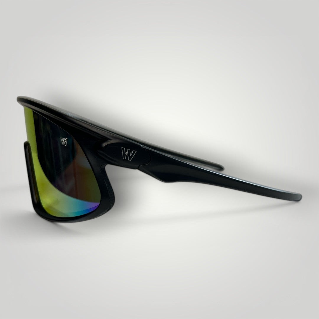 W One Brand Store black sporty wrap-around sunglasses with multicolor mirrored lens and UV400 protection.