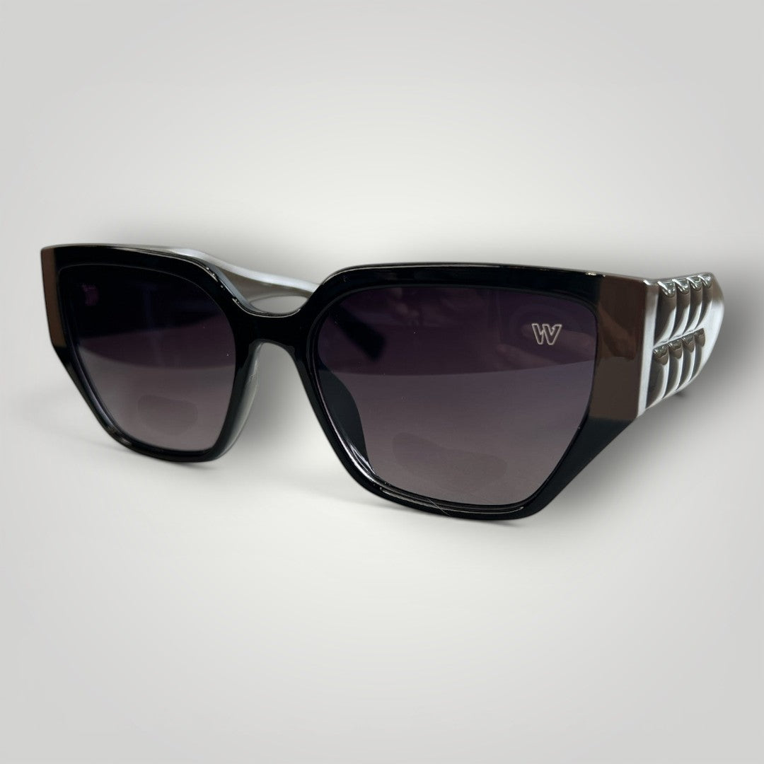 W One Brand Store black acetate square sunglasses with smoky gradient lenses and decorative temples.