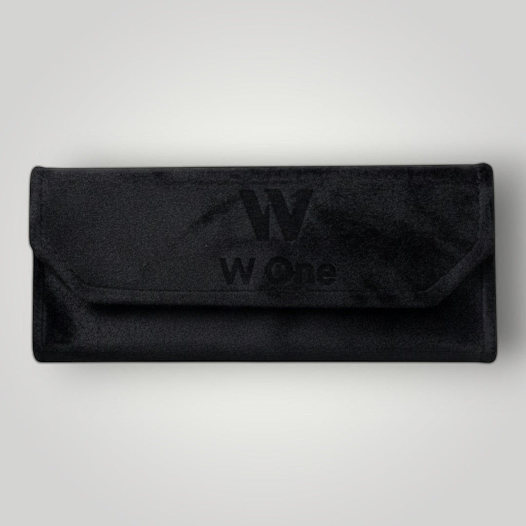W One Brand Store black velvet glasses case with embossed logo