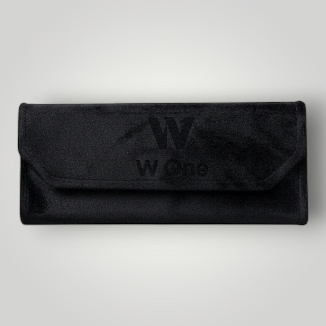 W One Brand Store black velvet glasses case with embossed logo
