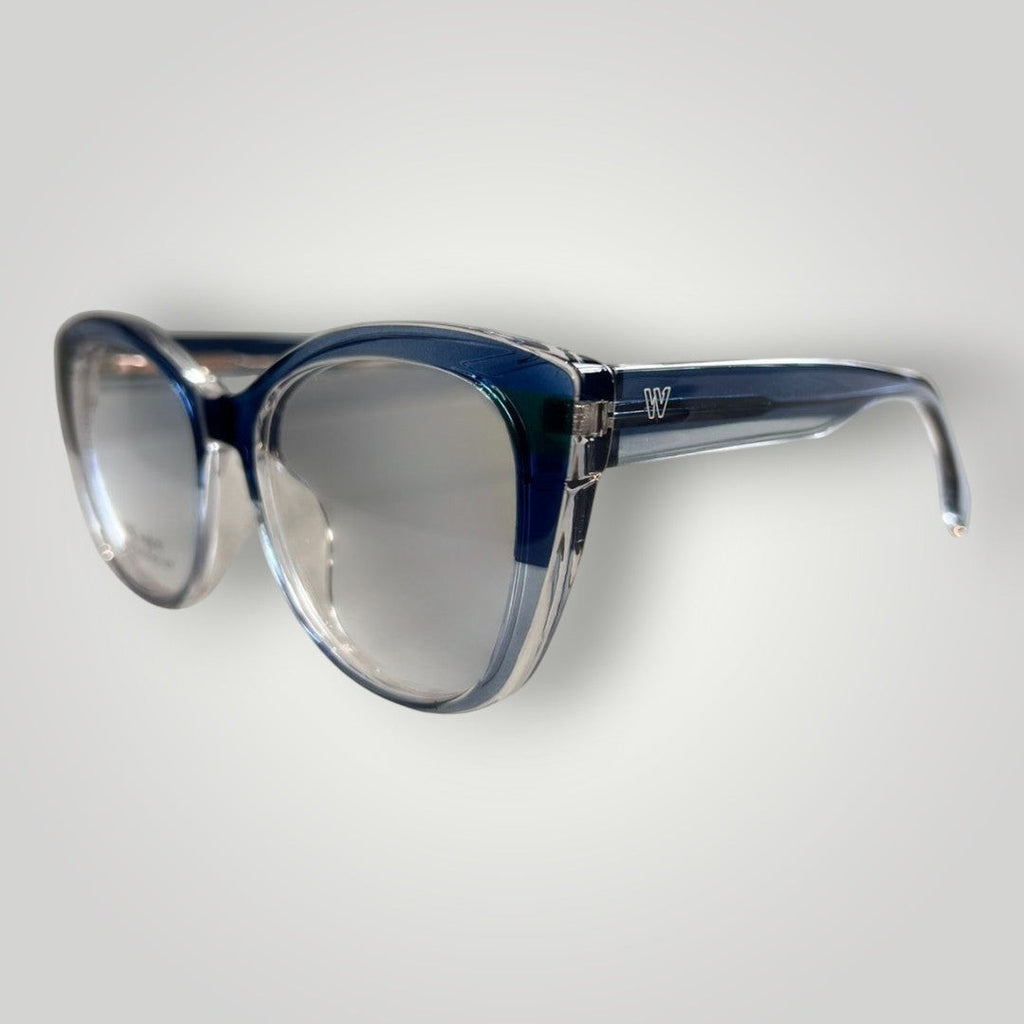W One Brand Store dark blue and clear transparent acetate cat-eye sunglasses with silver lenses.