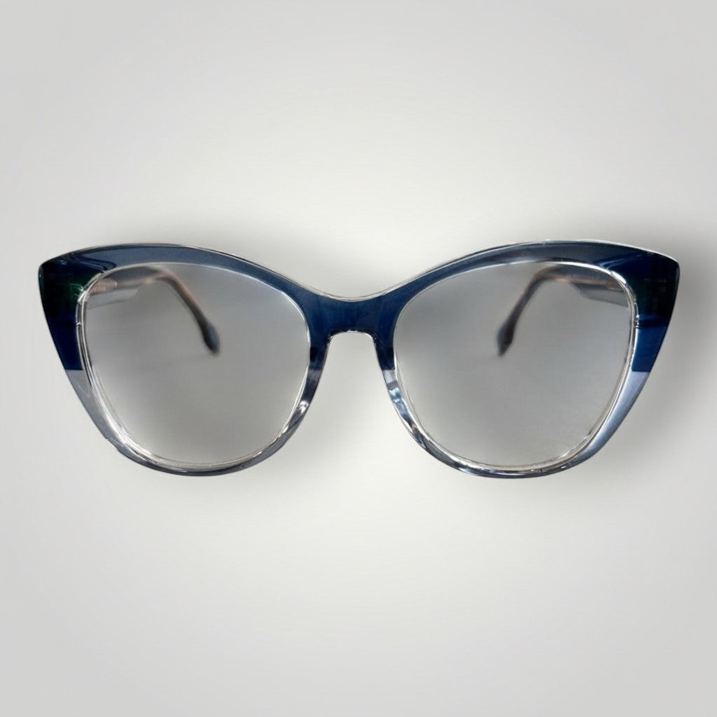 W One Brand Store cat-eye sunglasses in dark blue and transparent light blue acetate with UV400 protection.