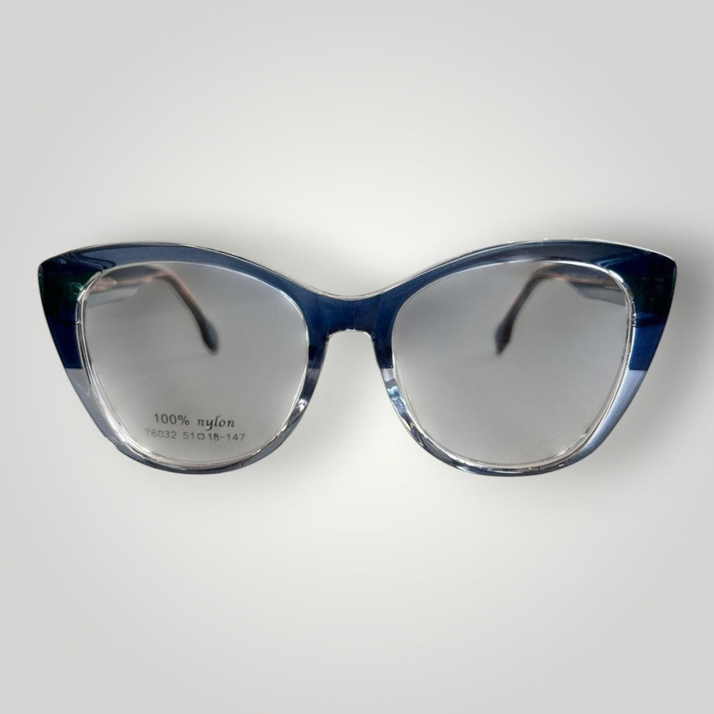 W One Brand Store dark blue and transparent light blue acetate cat-eye sunglasses with UV400 protection.